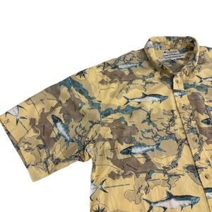 Columbia Fishing Short Sleeve Button Shirt Mens L Yellow Florida Keys Fish Map